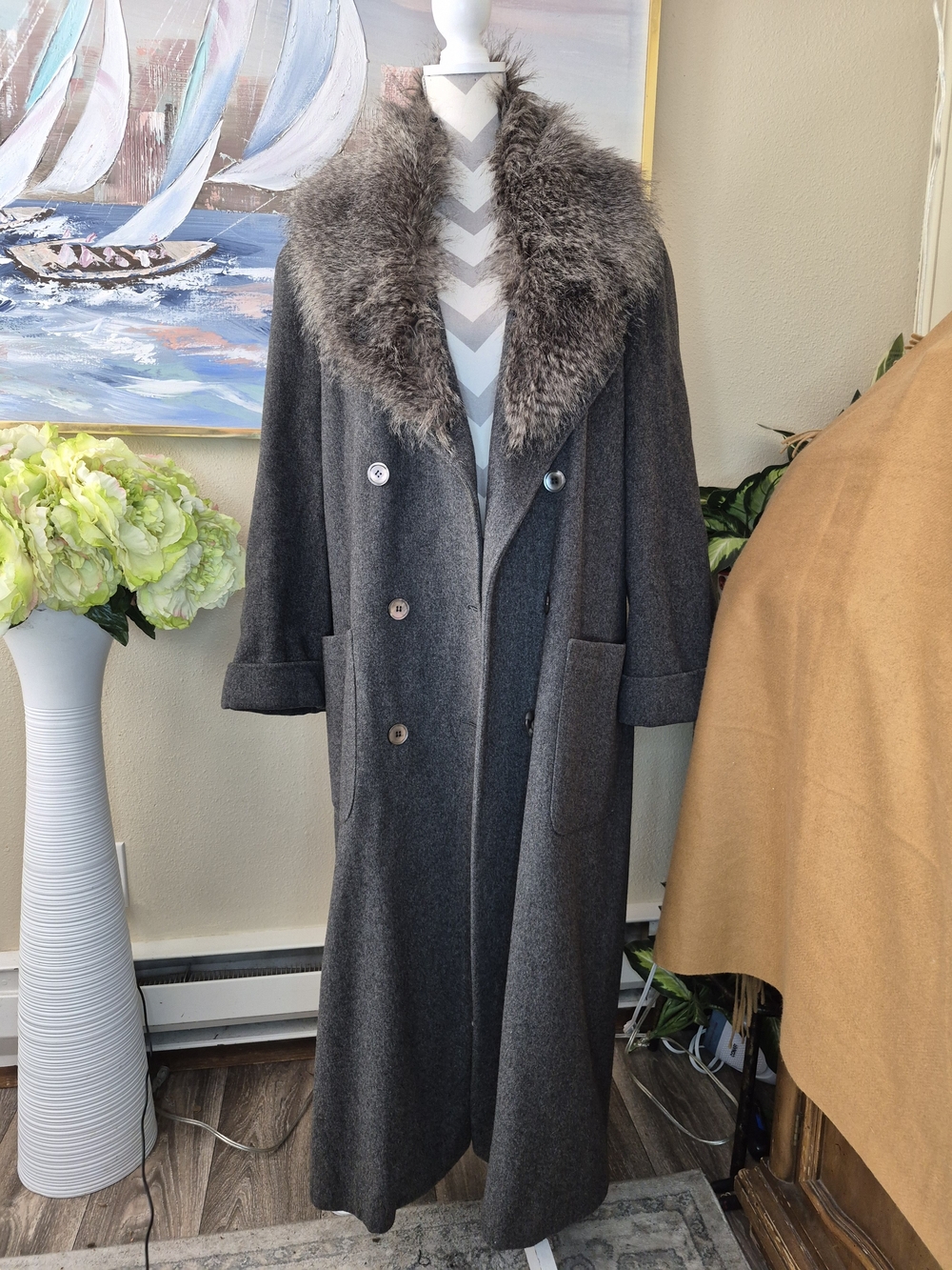 Anne Klein Long Double-Breasted Trench Coat with Faux Fur Collar - Gray